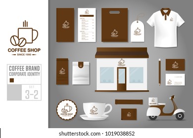 Corporate identity template set. Logo concept for coffee shop, cafe, restaurant. Realistic mock up template set of menu, shop, polo shirt, tag, package, cup, coaster, bag, package, scooter.