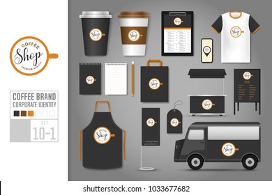 Corporate identity template Set. Logo concept for coffee shop, cafe, restaurant. Realistic mock up template set of car, t-shirt, apron, cup, menu, package, notepad, mobile application, kiosk