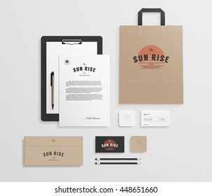 Corporate identity template set with logo sample. Business stationery mock-up for bakery or cafe. Set of paper bag, menu, cards etc. Vector illustration.