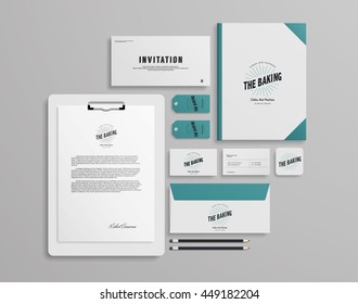 Corporate identity template set with logo sample. Business stationery mock-up for cafe or bakery. Set of menu, cards etc. Vector illustration.