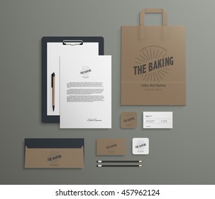 Corporate identity template set with logo sample. Business stationery mock-up for bakery or cafe. Set of paper bag, menu, cards etc. Vector illustration.