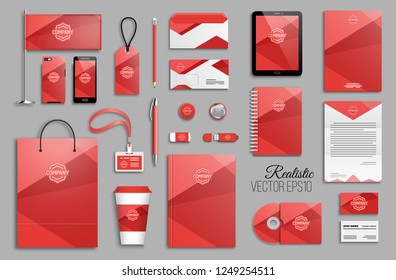 Corporate identity template set with minimal red geometric background. Business stationery mock-up with logo. Christmas branding design.