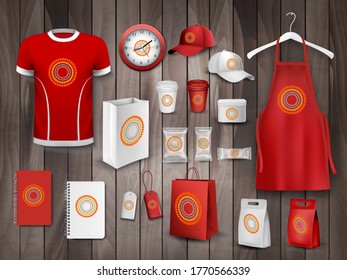 Corporate identity template set. Mockup of food package, paper cup and bag, shirt and cap, notebook and clock, apron box and tags,  apron on the clothes hanger for business branding. Vector.