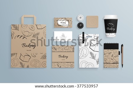 Corporate identity template set with pattern of baked goods. Business stationery mock-up with logo sample. Set of paper bag, cup, cards etc. Vector illustration.