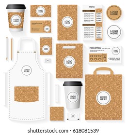 Corporate identity template set with place for logo and pattern for bakery shop, loaf store, bread house, cupcake firm, food market, cafe. Set of card, menu, package, uniform.