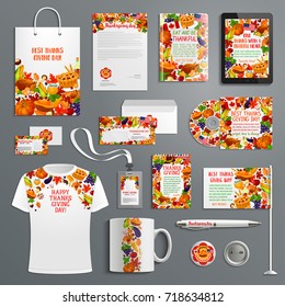 Corporate identity template set with Thanksgiving holiday symbols. Business card, letterhead, envelope, folder, brochure cover and stationery with autumn leaf, turkey and pumpkin pie branding layout