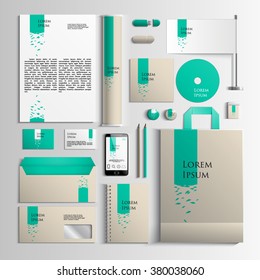 Corporate identity template in turquoise and beige colors with an illustration with leaves. Vector company style for brandbook and guideline. EPS 10