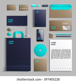 Plantilla de identidad corporativa en colores turquesa y azul oscuro con un patrón de círculos. Estilo de empresa vectora para el libro de marcas y guía. EPS 10