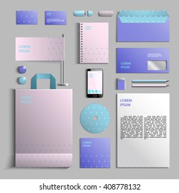 Corporate identity template in turquoise, pink and blue colors with pattern of circles. Vector company style for brand book and guideline. EPS 10