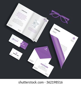 Corporate identity template. Vector company style for brand book and guideline. Folder, envelope, business card, glasses, postcard, journal and blank sheet.