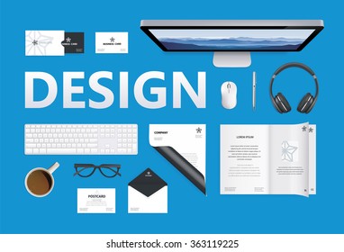 Corporate identity template. Vector company style for brand book and guideline. Folder, envelope, business card, glasses, postcard, journal and blank sheet.
