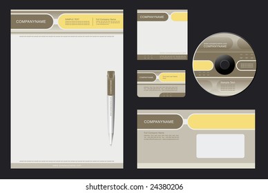 Corporate Identity Template Vector  with  grey and yellow  background - blank, card, pen, cd, note-paper, envelope