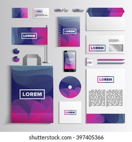 Corporate identity template in violet, dark blue and pink colors with abstract illustration. Vector company style for brandbook and guideline. EPS 10