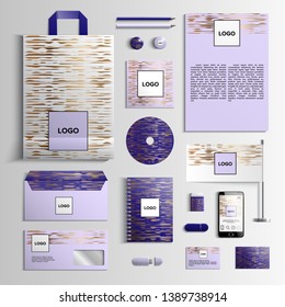 Corporate identity template in violet and purple colors with pattern of gold sound waves. Vector company style for brandbook and guideline. EPS 10