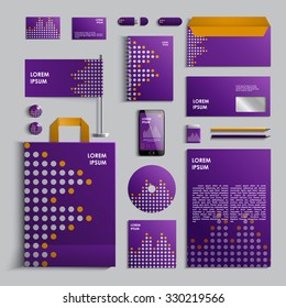 Corporate identity template in violet and yellow colors with pattern of circles. Vector company style for brandbook and guideline. EPS 10