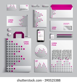 Corporate identity template in white and pink colors with pattern of circles. Vector company style for brandbook and guideline. EPS 10