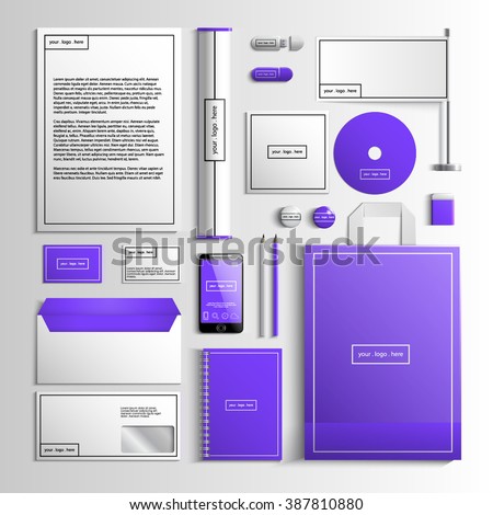 Corporate identity template in white and violet colors with geometric elements. Vector company style for brandbook and guideline. EPS 10