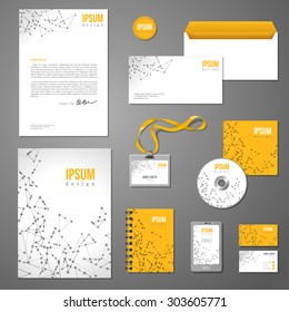 Corporate identity template with wireframe mesh polygonal elements. Vector company style for brandbook or guideline. Envelope, business cards, folder, CD disc, badge. Geometric Technology.