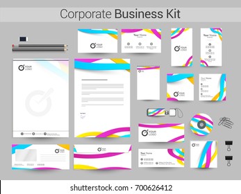 Corporate Identity Templates with abstract colorful waves. Business stationery including Letter Head, Business Card, Web Banner or Header, Notepad, CD etc.