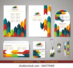 Corporate identity templates with abstract design: blank, business cards, disk, envelope, pen, pencil, badge. Isolated items with soft shadows.