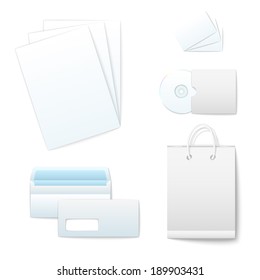 Corporate identity templates: blank, business cards, disk, envelope and bag. Isolated on white