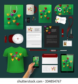 Corporate identity templates: blank, business cards, disk, envelope, smartphone, pen, badge, cup, brand-book, tablet PC, badges, T-shirt, cap, envelope, letter form, scissors, lighter, USB flash drive