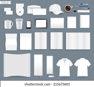 Corporate identity templates, With blank name card, envelope, mugs, mobile phone, tablet, calendar, notebook paper, folded paper, open book, exhibition banners stands, polo shirt, Vector illustration 