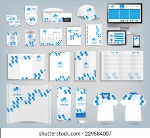 Corporate identity templates, With blank name card, envelope, mugs, mobile phone, tablet, calendar, notebook paper, folded paper, open book, exhibition banners stands, polo shirt, Vector illustration 