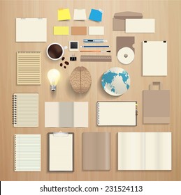 Corporate identity templates, With blank name card, envelope, notebook paper, folded paper, open book, magazine cover, paper bag, light bulb, brain, globe earth, Vector illustration modern design