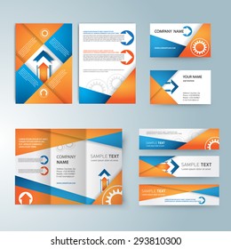 Corporate identity templates with blank name card, folded paper, banners for site, and brochure. Vector company style for brand book.