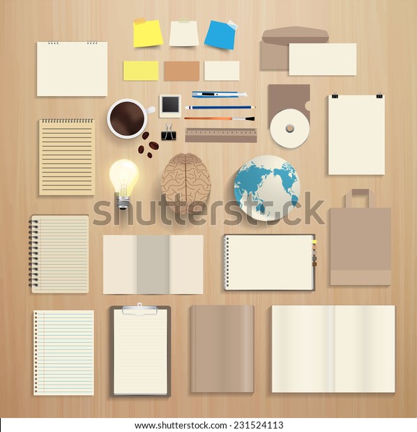 Corporate identity templates, With blank name\
card, envelope, notebook paper, folded paper, open book, magazine\
cover, paper bag, light bulb, brain, globe earth, Vector\
illustration modern\
design