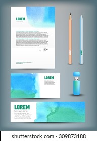 Corporate identity templates: blank, pen, pencil, flag, cup, USB flash driver. Isolated with soft shadows. Vector illustration.