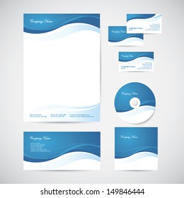 Corporate identity templates with blue design elements: blank, envelope, business card, CD and CD cover