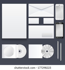 Corporate identity templates, business cards, disk, envelope, smart phone, pen. Isolated with soft shadows