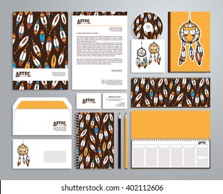 Corporate identity templates in cartoon tribal style (notepad, disk, package, label, envelope etc).