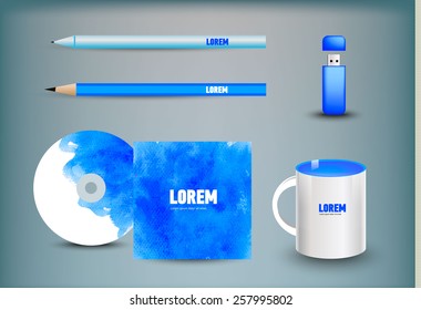 Corporate identity templates: disk, pen, pencil, cup, usb flash driver. Isolated with soft shadows. Vector illustration.