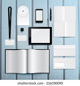 Corporate identity templates. Notebook, pen, smart phone, tablet, badges, envelope