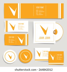 Corporate identity templates with orange abstract background with place for your text: blank letterhead, business cards, disk. Elements of design templates on an isolated backdrop. Vector 10 EPS