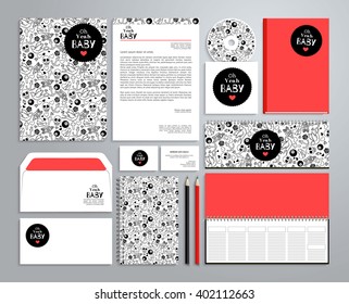 Corporate identity templates in rockabilly style (notepad, disk, package, label, envelope etc).