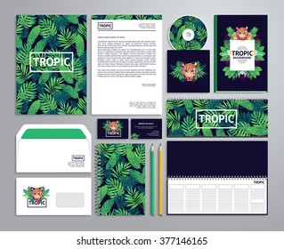 Corporate identity templates in tropical style with notepad, disk, package, label, envelope etc.