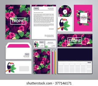 Corporate identity templates in tropical style with notepad, disk, package, label, envelope etc.