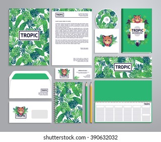 Corporate identity templates in tropical style with notepad, disk, package, label, envelope etc.