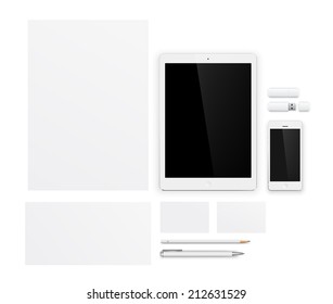 Corporate identity templates. Vector graphic design presentations and portfolios, with pages, smartphone and tablet.