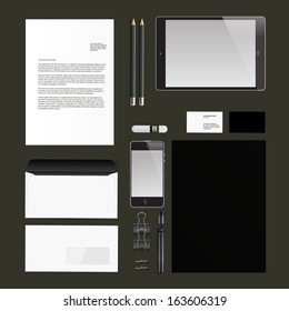 Corporate identity templates:blank, business cards, disk, envelope, smart phone, pen, badge, cup, brand-book, portable console, tablet pc. Isolated with soft shadows. Vector  illustration. 