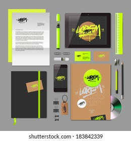 Corporate identity templates:blank, business cards, disk, notepad, smart phone, pen, badge, stationery, brand-book, portable console, tablet pc. Vector illustration. 