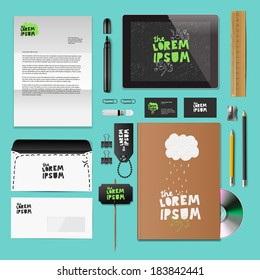 Corporate identity templates:blank, business cards, disk, envelope, notepad, pen, badge, stationery, brand-book, tablet pc. Vector illustration. 