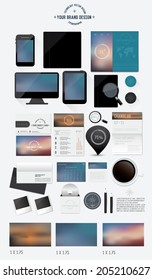 Corporate identity templates:blank, business cards,monitor, smart phone, disk, notepad, pen, envelope, badge, stationery, brand-book, tablet pc. Three Blur background,Vector illustrator