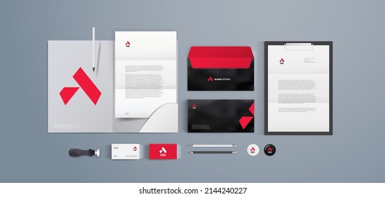 Corporate identity themplate in red, black and grey colors with alpha sign logo. Can be used for financial or juridical company.