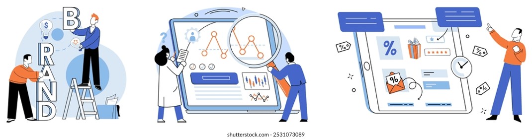 Ilustração do vetor de identidade corporativa. Marketing, megafone, amplifica a voz das corporações, transmitindo sua identidade para o mundo Estratégia, roteiro, esboça passos deliberados corporação