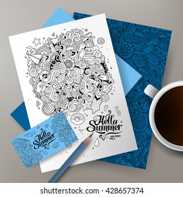 Corporate Identity vector set. Templates on the table with the line art marine doodles hand drawn design.